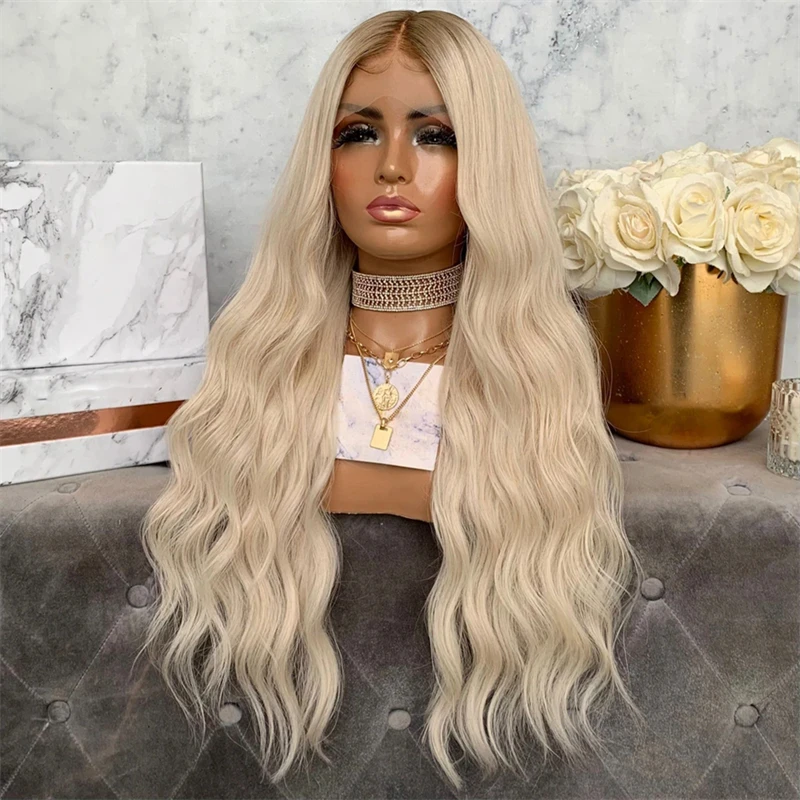 Blonde Wig on the net Ombre Platinum Blonde Synthetic Wigs Loose Deep Lace Frontal Wigs 13x4 Cosplay Party Futura Fiber Wigs