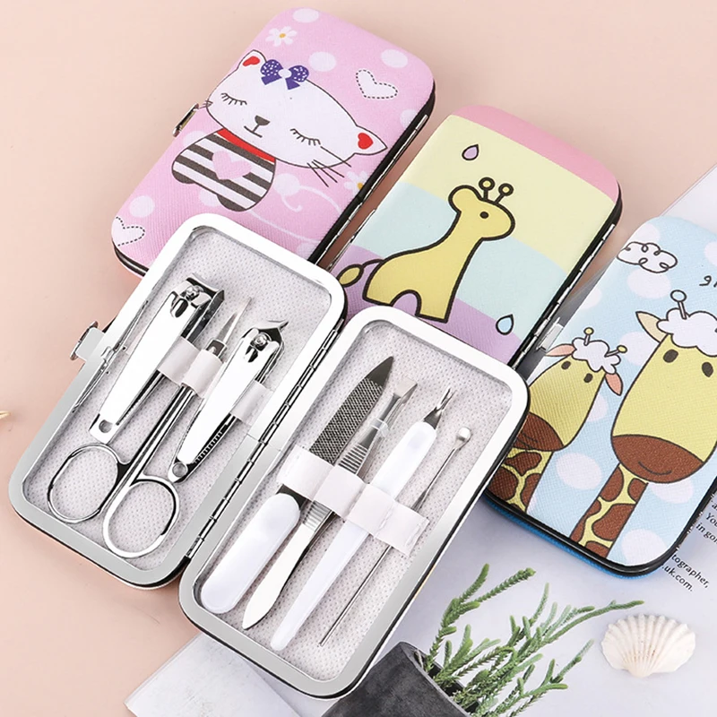 7Pcs Nail Clippers Tweezers Ear Spoon Beauty Pliers Kit Professional Manicure Trimming Tool Suit with Cartoon Storage Box
