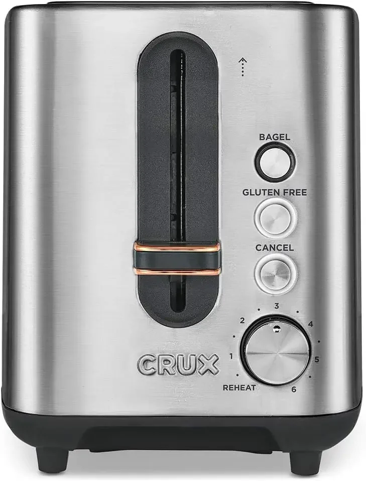 

Crux 2 Slice Stainless Steel Toaster, Extra Wide Slots, Quick & Precise 6-Setting Shade Control, Reheat, Bagel and Gluten Free F