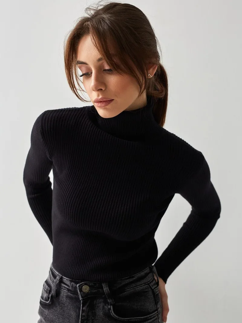 Women Turtleneck Knit Ribbed Tops Sexy Bodycon T Shirts 2024 New In Knitwears Autumn Winter Basic Tees Long Sleeve Knitting Tops