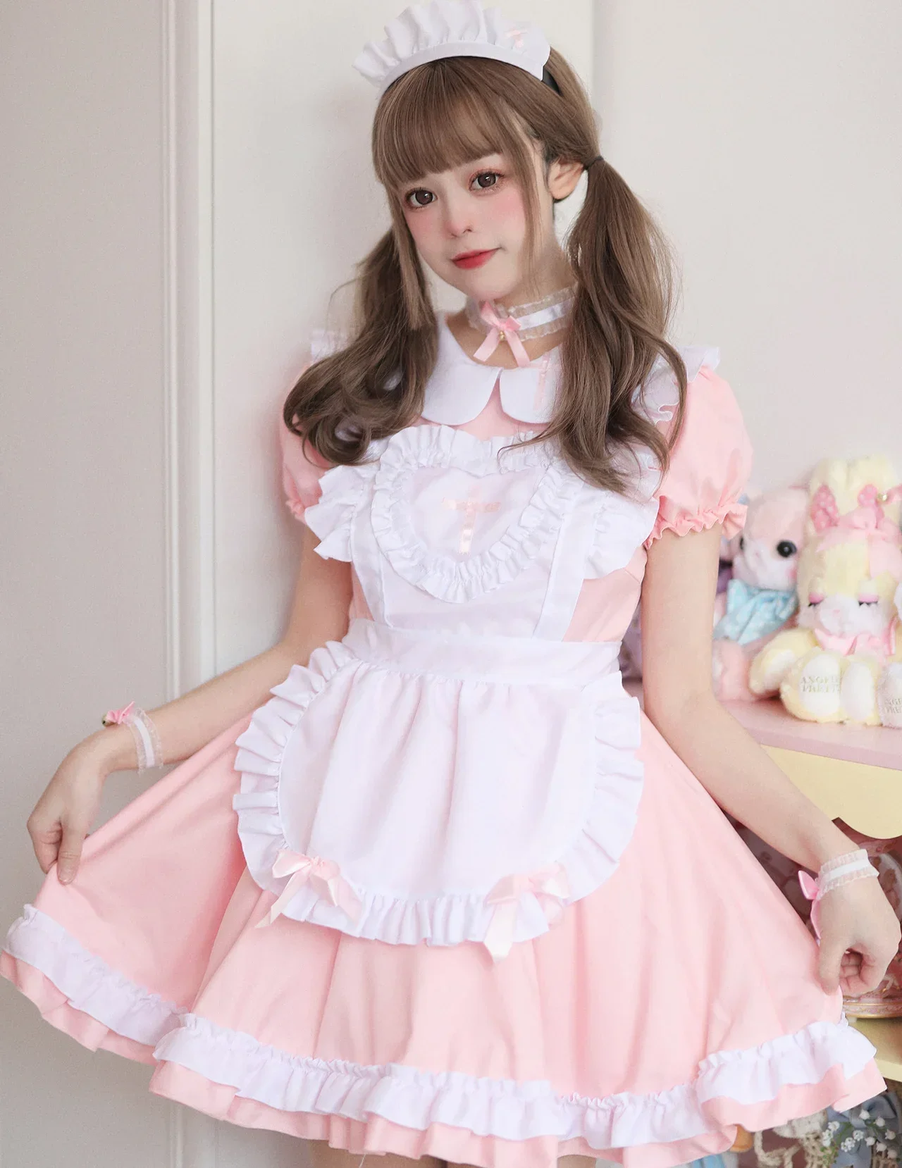 Cosplay Dienst mädchen Kostüm Anime Creme Schatz rosa Lolita Kleid süße Mädchen Mädchen tragen Uniform kurz ärmel ige Krankens ch wester Kostüme Kleider