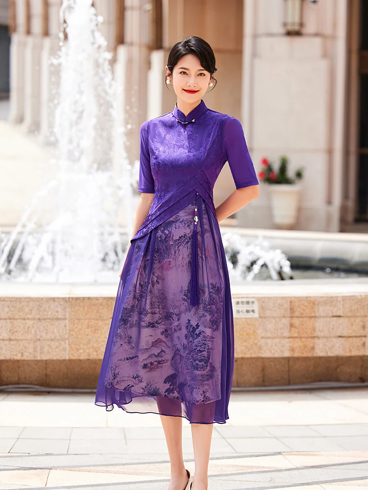 

New 2026 Summer Long Purple Chinese Style Women's Dress Slimming Design Daily Wear Elegant Mommy Style Flag Robe
