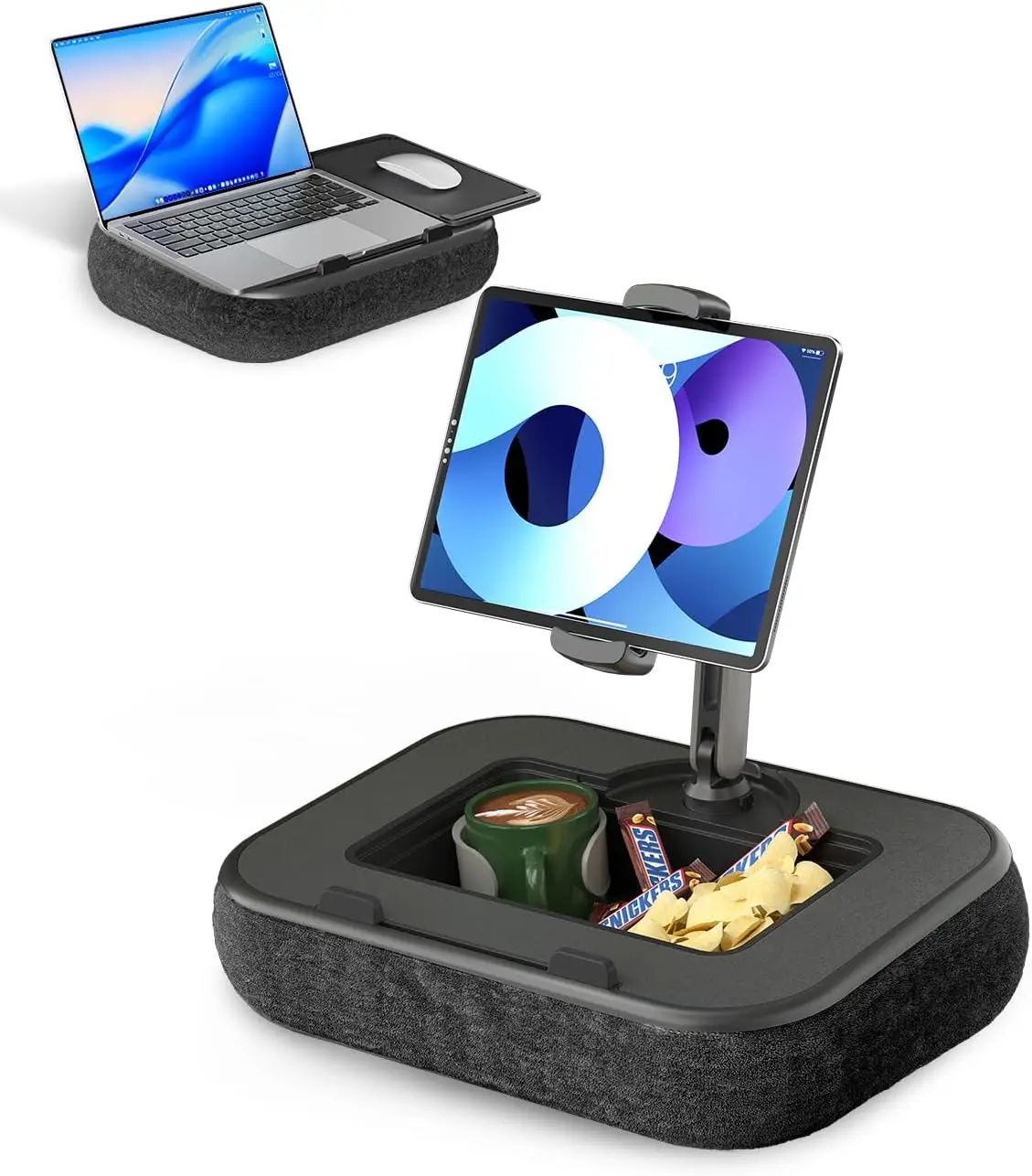 

Adjustable Laptop Lap Desk with 360° Swivel Tablet Arm, Mouse Pad, Snack Bowl & Cup Holder for 4.7-13" Tablets & 15" Laptops