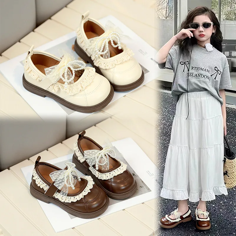2026 Girls Leather Shoes 1-10 Years Old White Brown Lace Lace Bow Girls Princess Shoes Autumn Lightweight Children's ken Shoes
