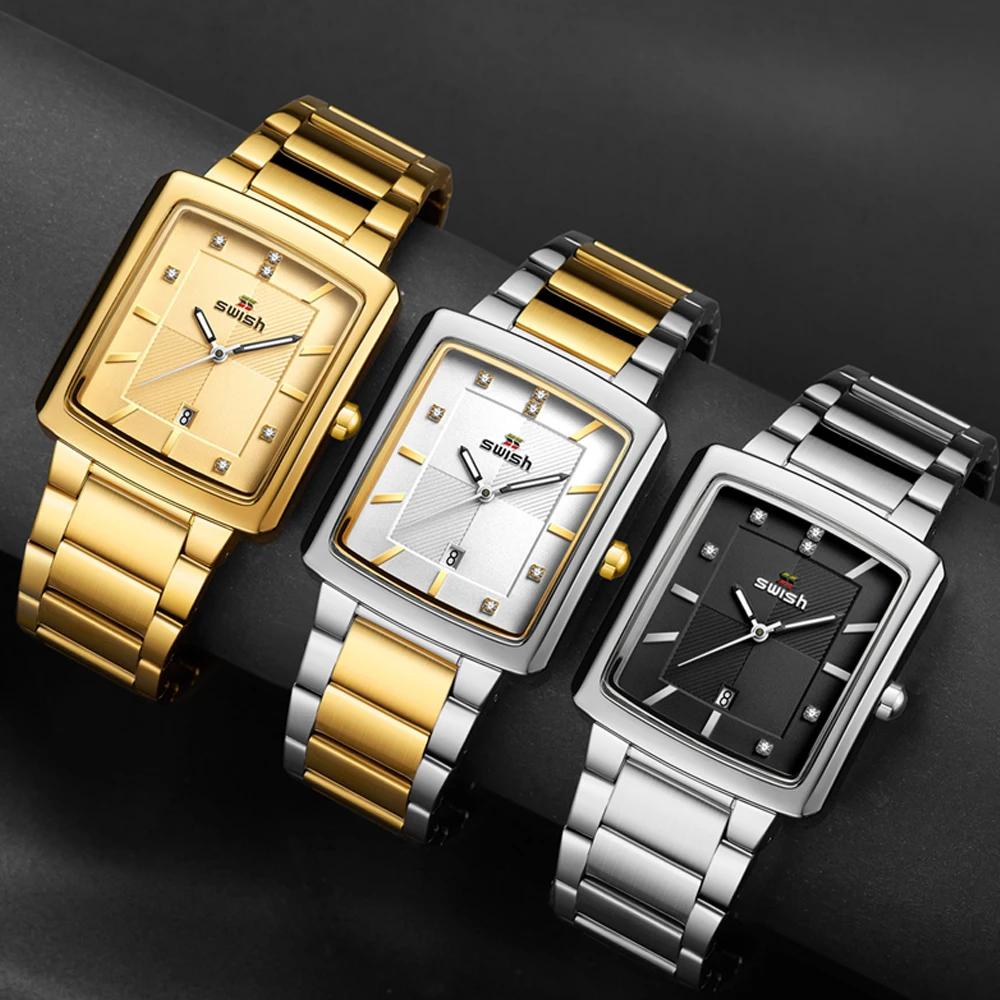 2023 New Square Watch Men with Business Luxury Stainless Steel Watches Gold Mens Quartz Wrist Watches Relogio Masculino