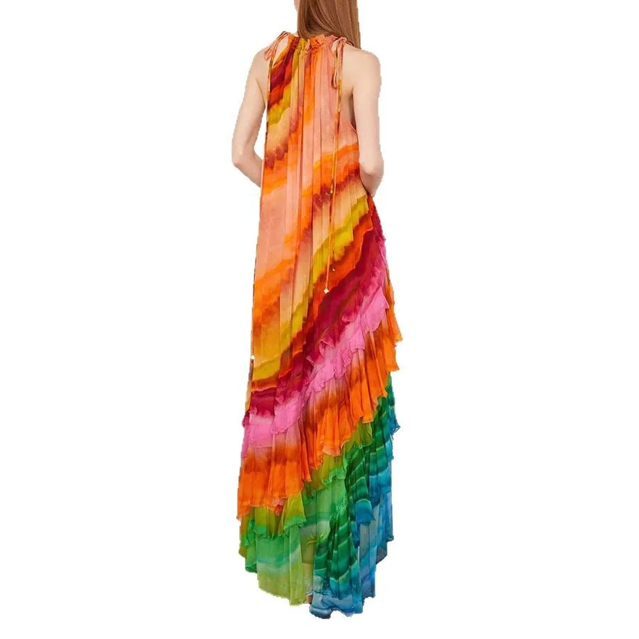 ผู้หญิงฤดูใบไม้ผลิฤดูร้อนใหม่ Halter คอสีพิมพ์ชุดชีฟองหลวมข้อเท้าความยาวชุด