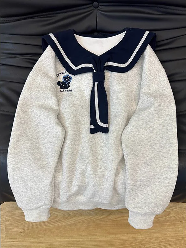 

Extra Large Size 300 Pounds European Style Navy Collar Embroidered Sweatshirt Women's Spring Autumn Loose Slim Fit Overhead C...