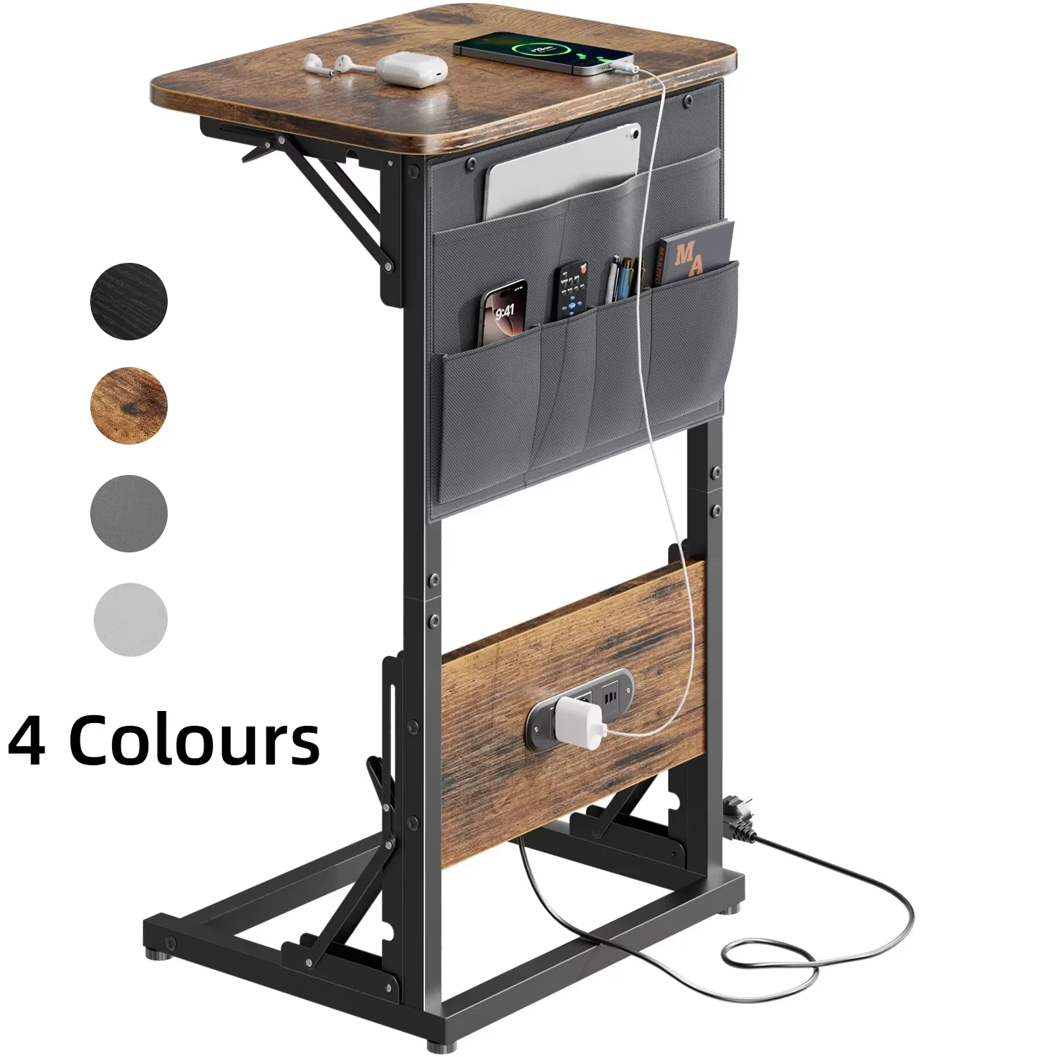 C-förmiger kleiner Laptoptisch, klappbarer Beistelltisch mit Steckdosen, Sofa-Armlehnen-Tisch mit Aufbewahrungstasche für Wohnzimmer, Schlafzimmer