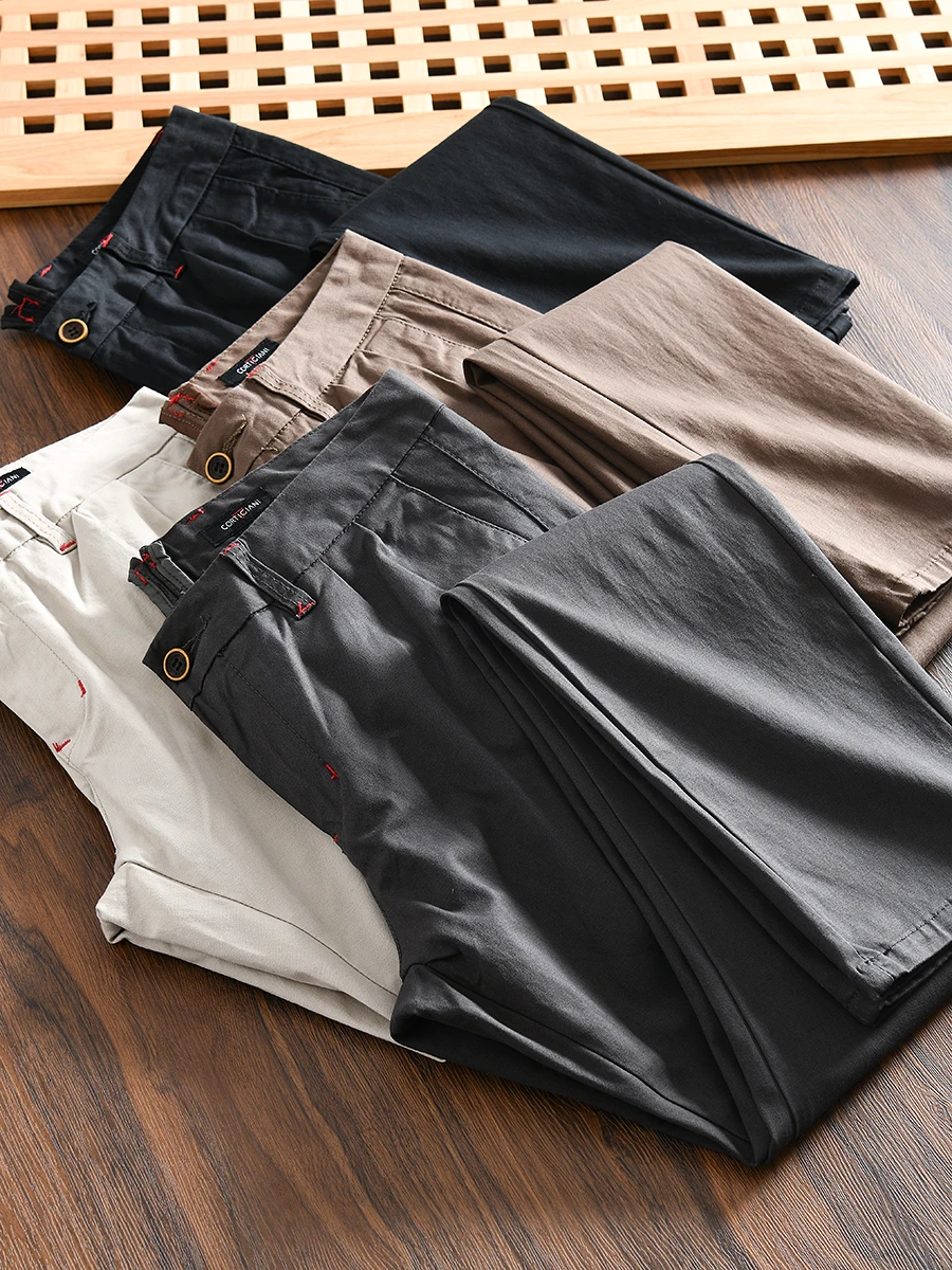 

Men's New Pure Color Elastic Straight Leg Casual Pants Cotton Washed Pure Cotton Chino Trousers Fashionable Urban Style
