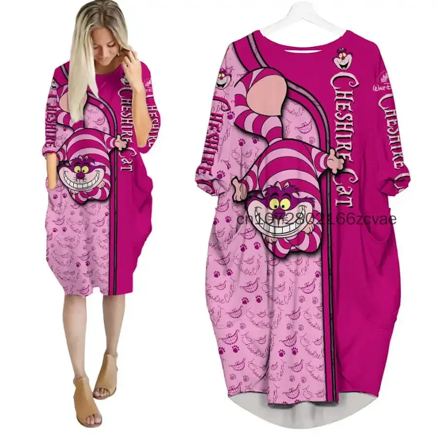 

New Disney Cheshire Cat Women's Batwing Pocket Dress 3D Printed Disney Oversize Fashion Street Dress Long Sleeve Sleeping Dress