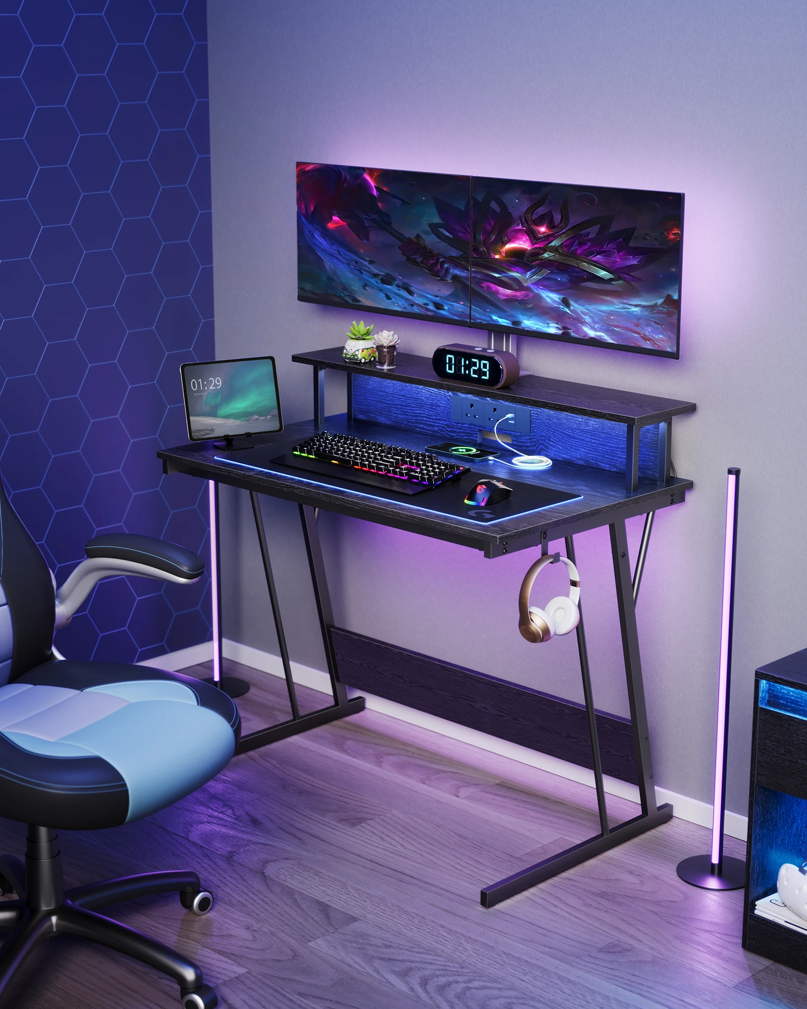 VASAGLE Gaming Desk with LED Lights and Built-In Power Outlets, Computer Desk with Monitor Shelf, Gaming Table