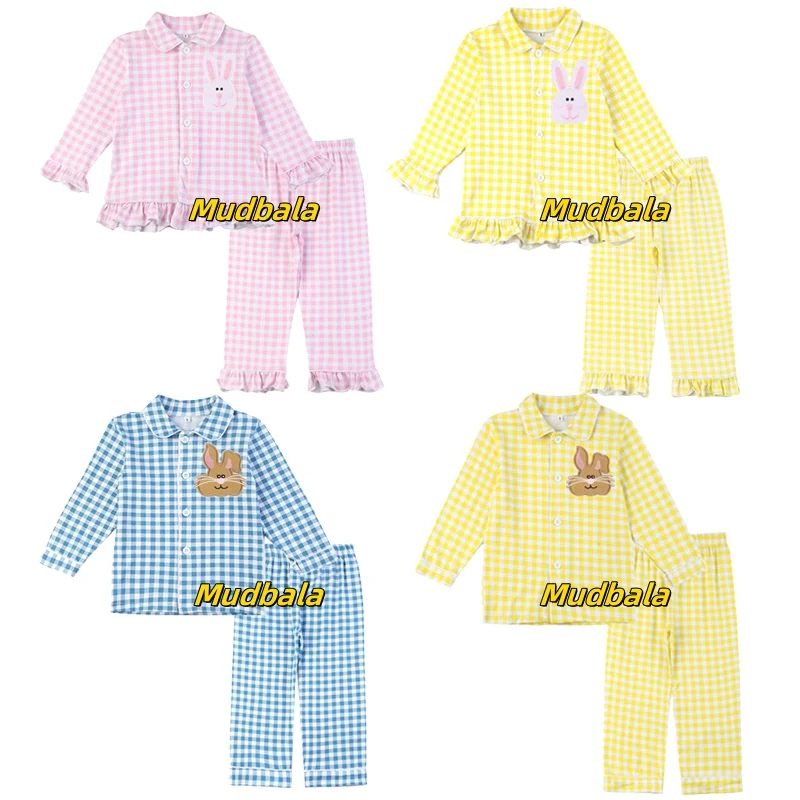 Mudbala 2025 conejito de Pascua de manga larga para niños, conjunto de pijamas para hermanos, pijamas de punto de algodón a juego con volantes de guingán para niñas y niños