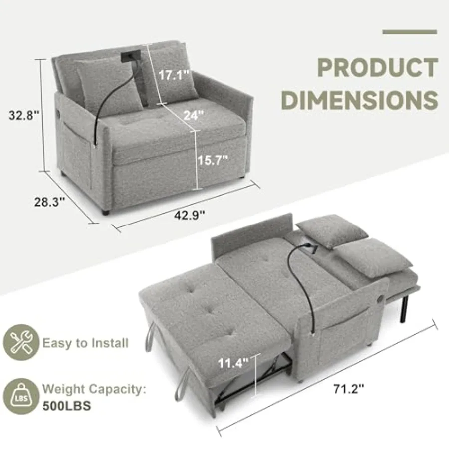 Loveseat Sleeper Sofa Convertible Sofa Bed, Pull-out Couch for Small Spaces, Fabric in Gray, Easy-Release Mechanism Memory Foam