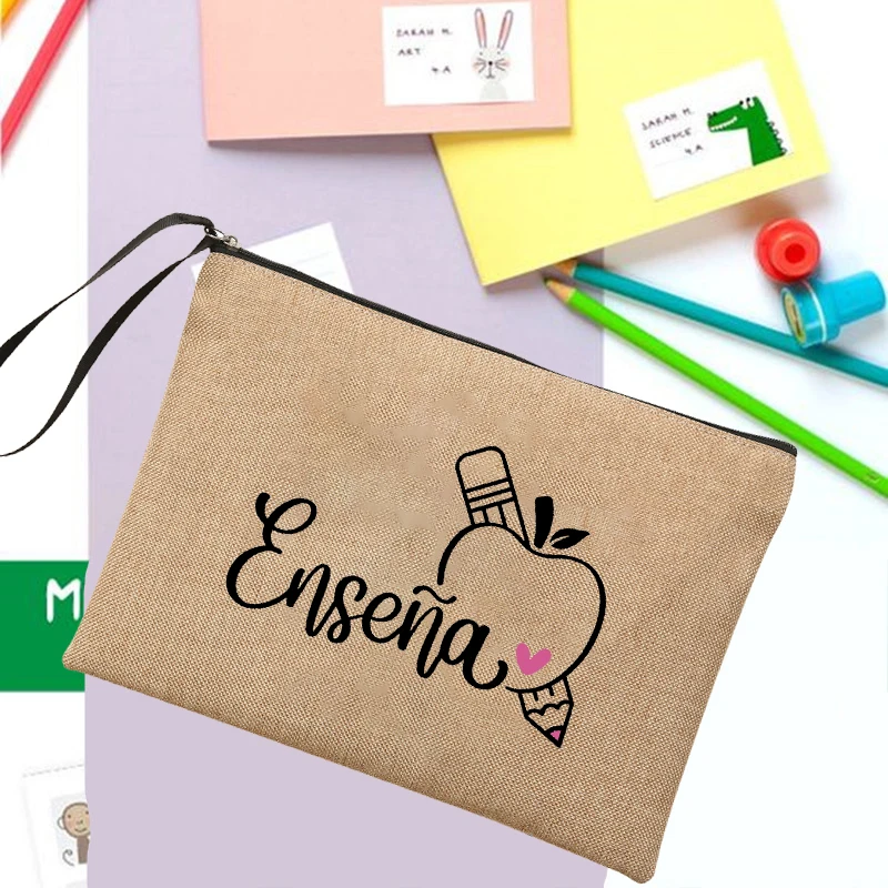 

Teacher Gift Teacher Love Inspire Print Women Linen Makeup Bag Neceser School Pencil Storage Bag Pouch Travel Toiletry Organizer