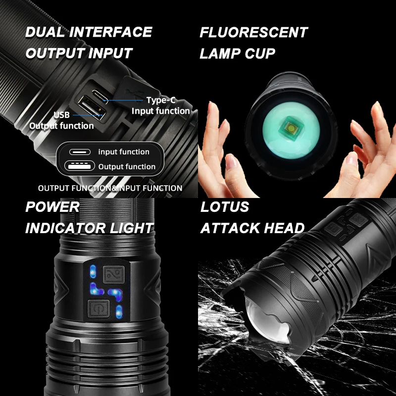 Linterna LED ultrabrillante de largo alcance, linterna táctica de emergencia con Zoom, linterna de Camping con función de visualización de energía