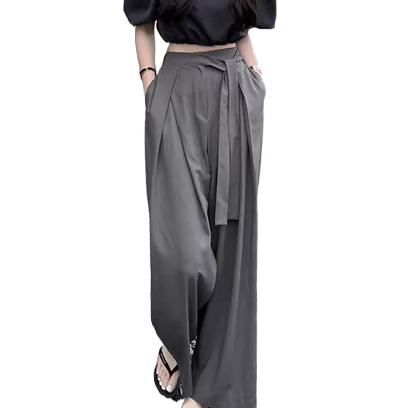 سراويل نسائية واسعة الساق كاملة وشاحات 2025 جديدة عالية الخصر صيفية أنيقة وبسيطة سراويل فضفاضة مستقيمة للسيدات