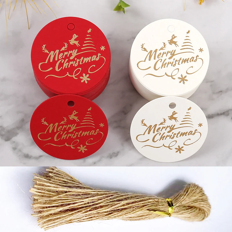 100pcs Merry Christmas Gift Tags with Hanging String Xmas Party Packaging Supplies Cookie Candy Bags Decor Noel Navidad Natal