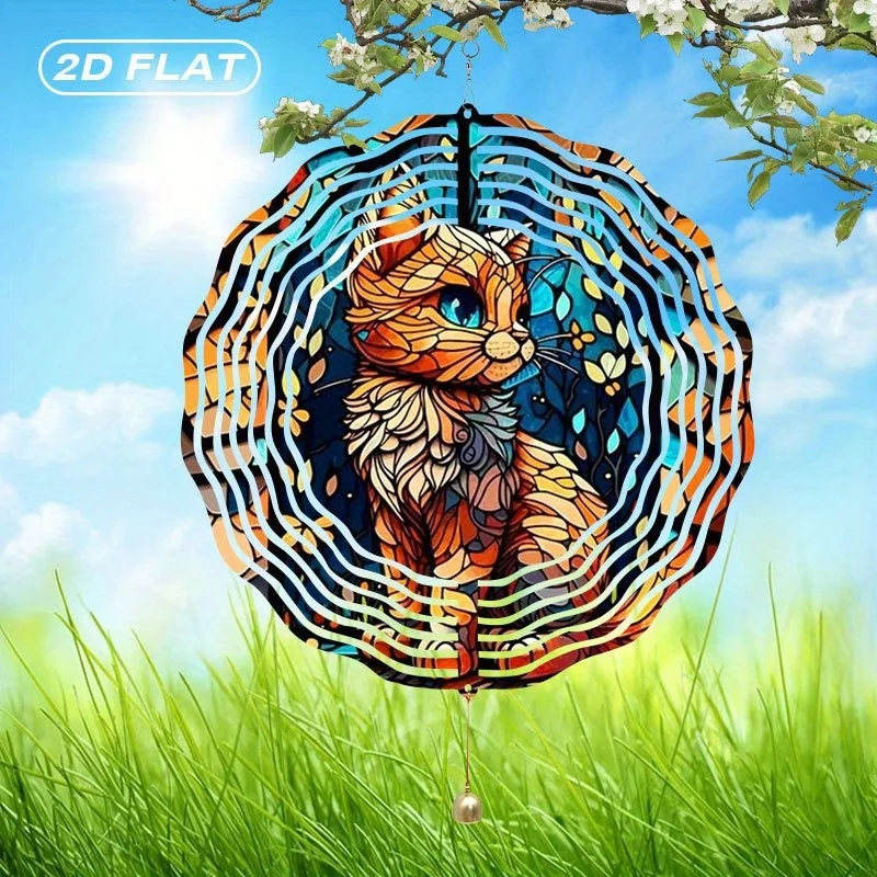 2D Flat - 1pc Boho Style Metal Cat Wind Spinner with Tinkle Bell,  Stained Glass Wind Chime Decor for Indoor & Outdoor,