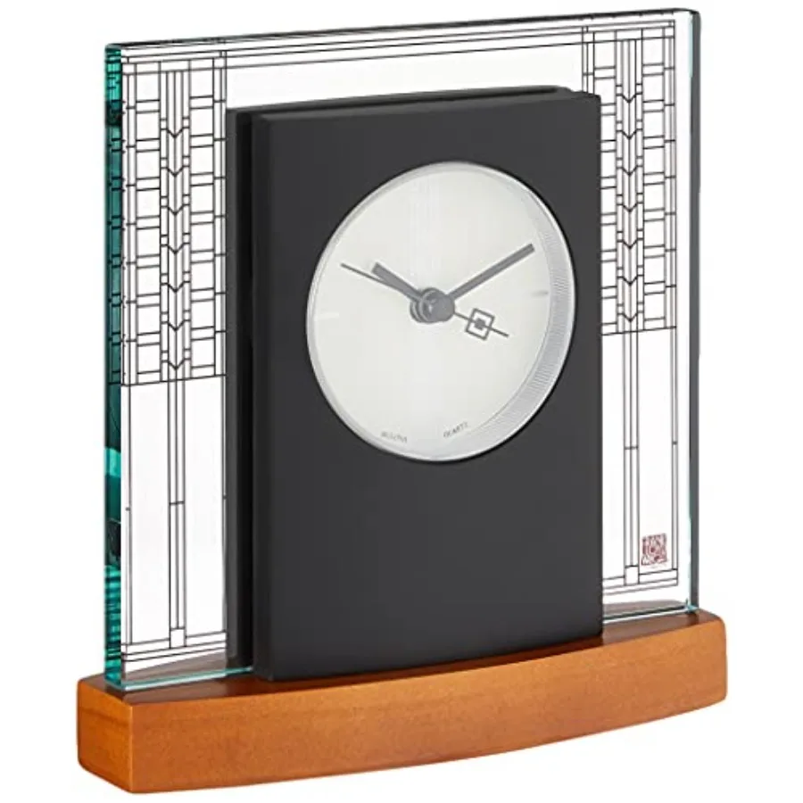 

Glasner House Desk Clock B7750 6.25" Cherry Wood Base with Frank Lloyd Wright Art Glass Design Silent Sweep Quartz Movement Bat
