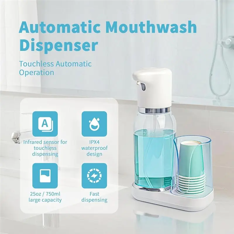 Dispenser Automatico di Collutorio A97G, Elettrico Intelligente, per Set Bagno, Include Contenitore per Collutorio da 25 Oz