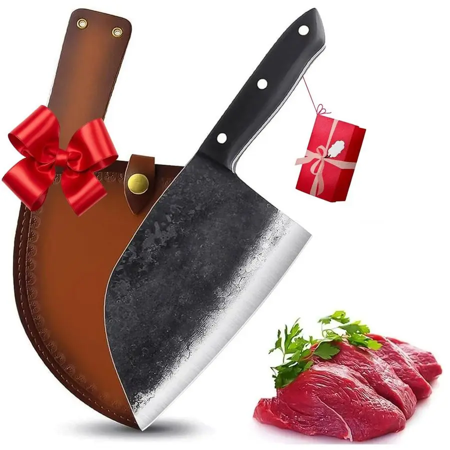 

Serbian Chef Knife Kitchen Chef Knives Full Tang High Carbon Clad Steel Almasi Butcher Cleaver with Leather Sheath Thanksgiving