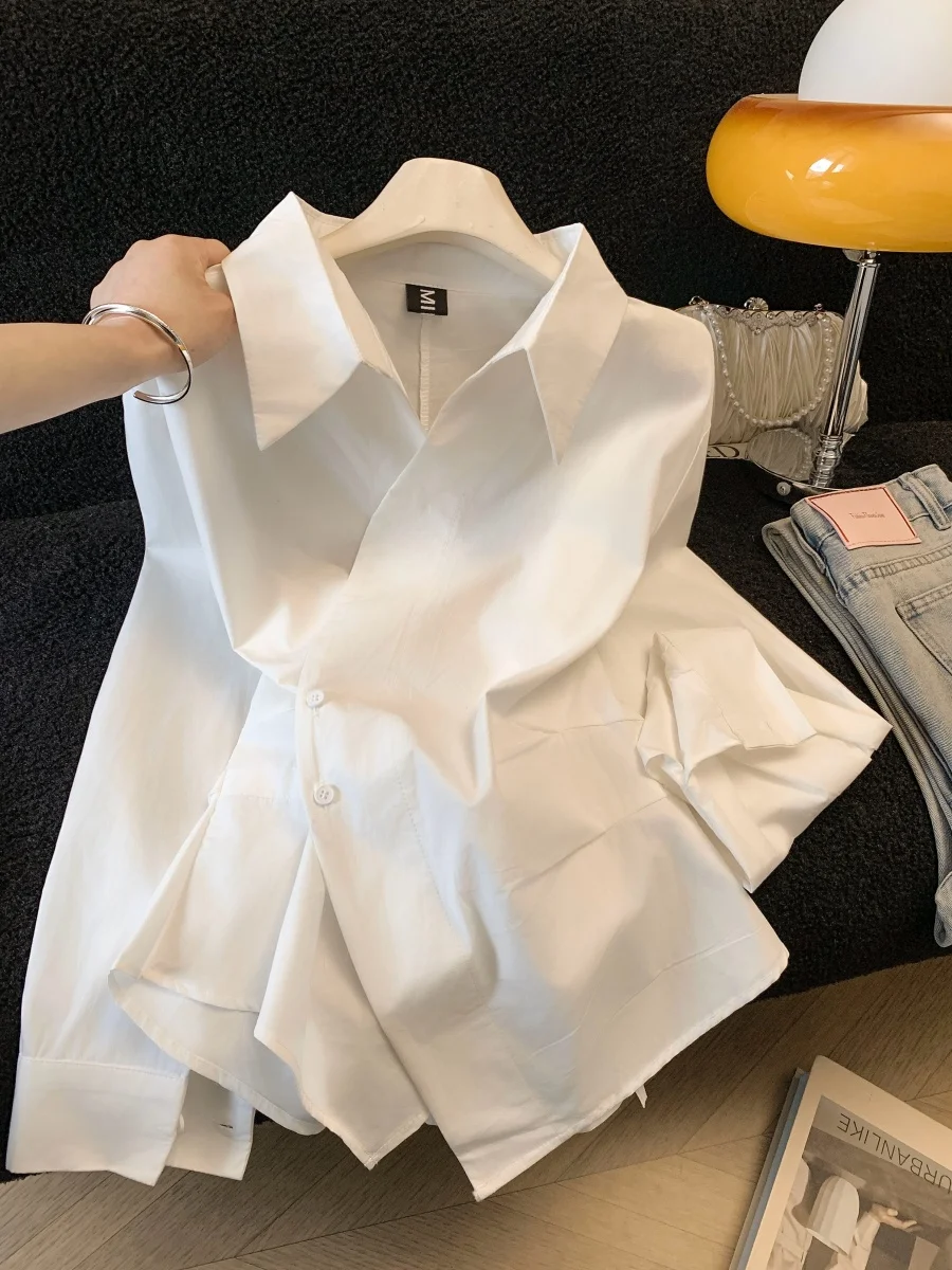 

White Korean Style Women's Shirt Slim Fit Long Sleeve Spring Season Versatile Top Waist-Cinching Fashionable Casual Wear
