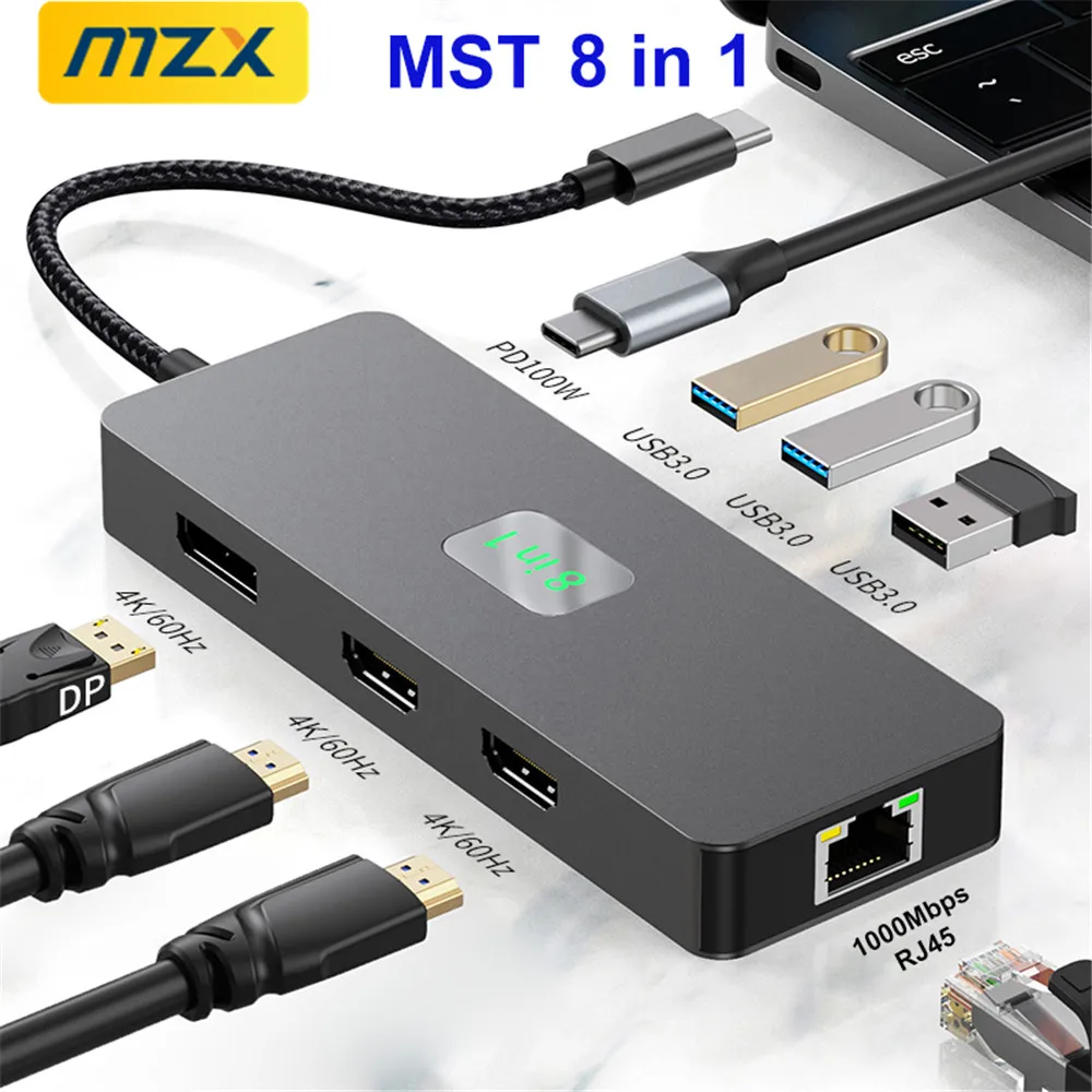 MZX 8in1 MST Docking Station DP HDMI-Compatible 4K 60Hz 1000M RJ45 USB Hub 3 0 3.0 Extension Tipo C Type A Dock Concentrator PC