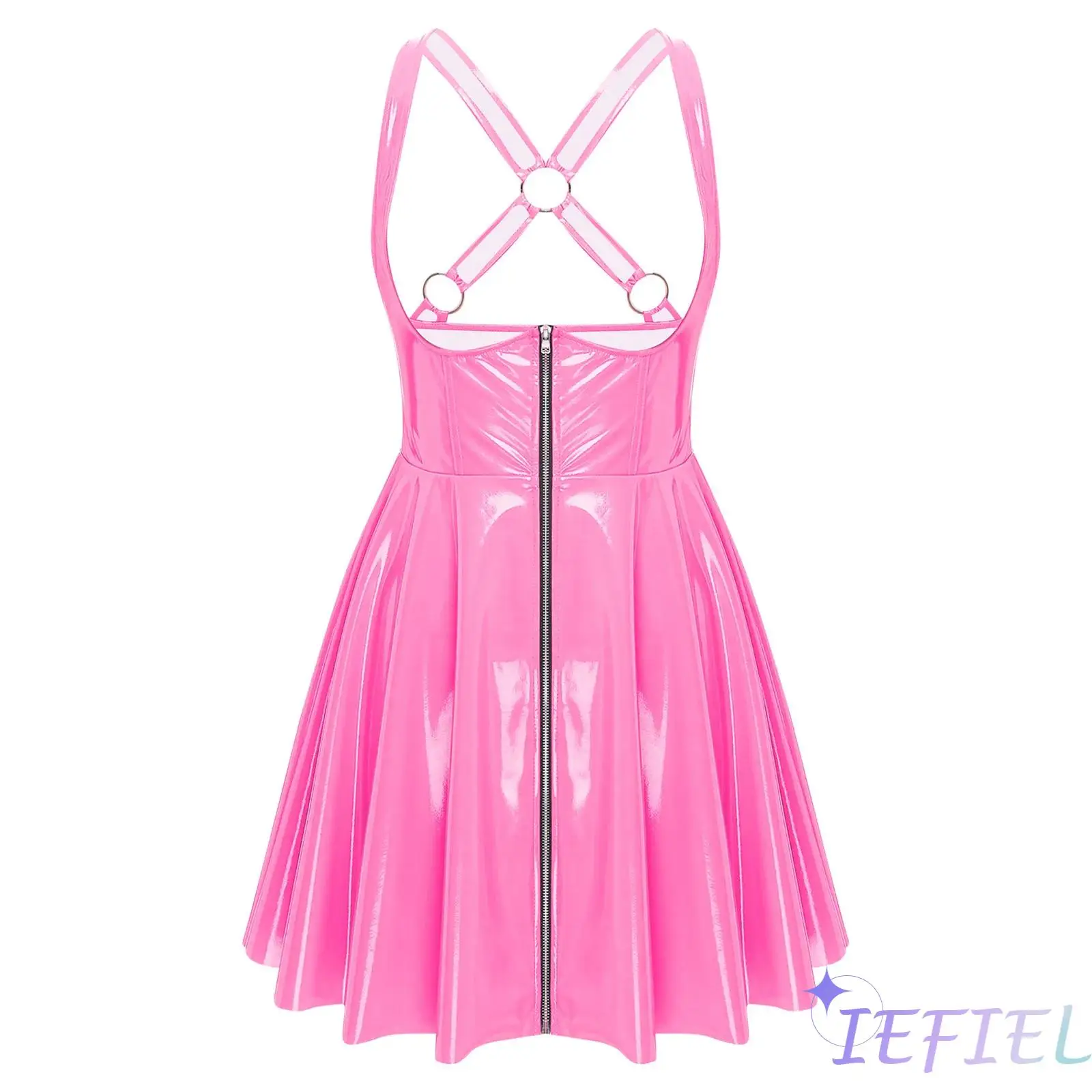 

Womens Gothic Punk PU Leather Dress - Sexy Low Cut Sleeveless Front Zipper Back Straps Skirt Wet Look Glossy Halloween Clubwear