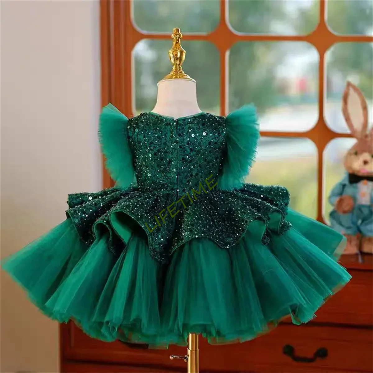 

CustomizedElegant Green Sequine Girl Dress Puffy Sleeve Kids Princess Birthday Wedding Party Children Holiday Ball Gown