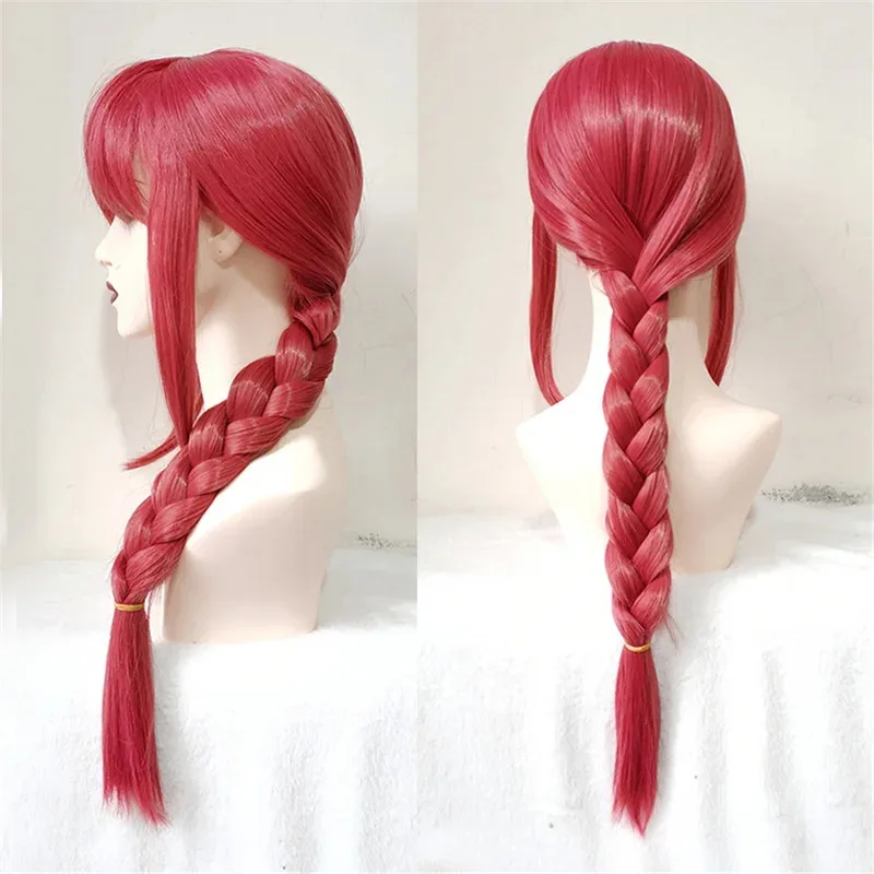 ماكيما أنيمي COS 70 سنتيمتر طويل أحمر مضفر تأثيري مقاومة للحرارة الشعر هالوين شعر مستعار للحفلات + غطاء شعر مستعار