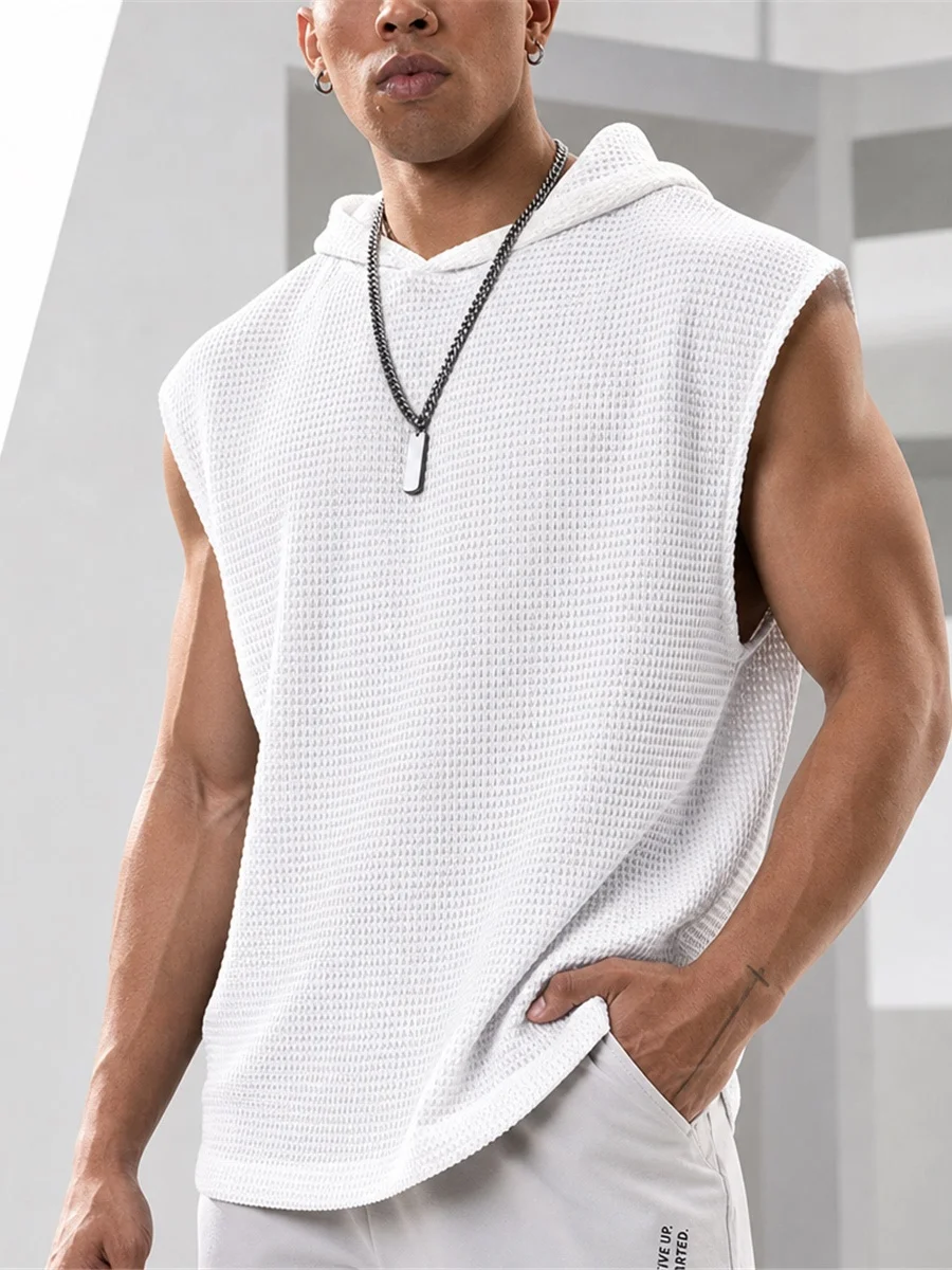  Fruit Green Herringbone Sleeveless T-Shirt Men's Mesh Texture Loose Street Fitness Layering Shoulder Vest Hooded
