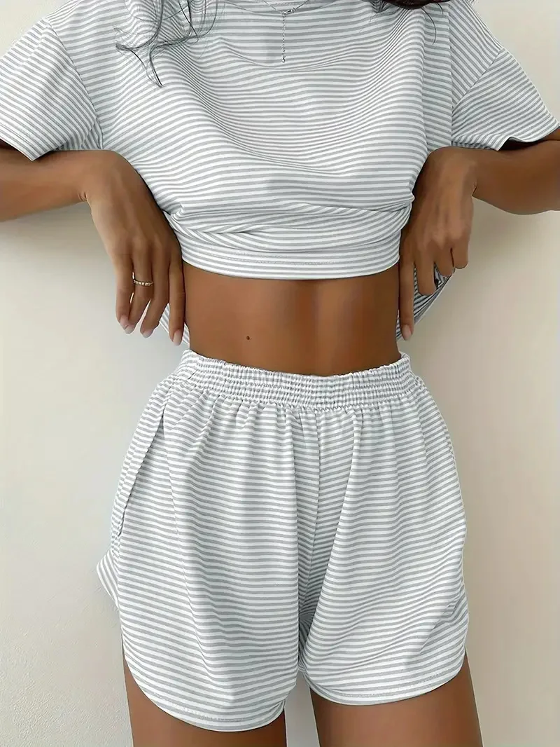 2026 New Women's Striped Pajama Set Summer Short-Sleeved T-Shirt and Shorts 2-Piece Set Home Wear Casual Loose Round Neck Pajama