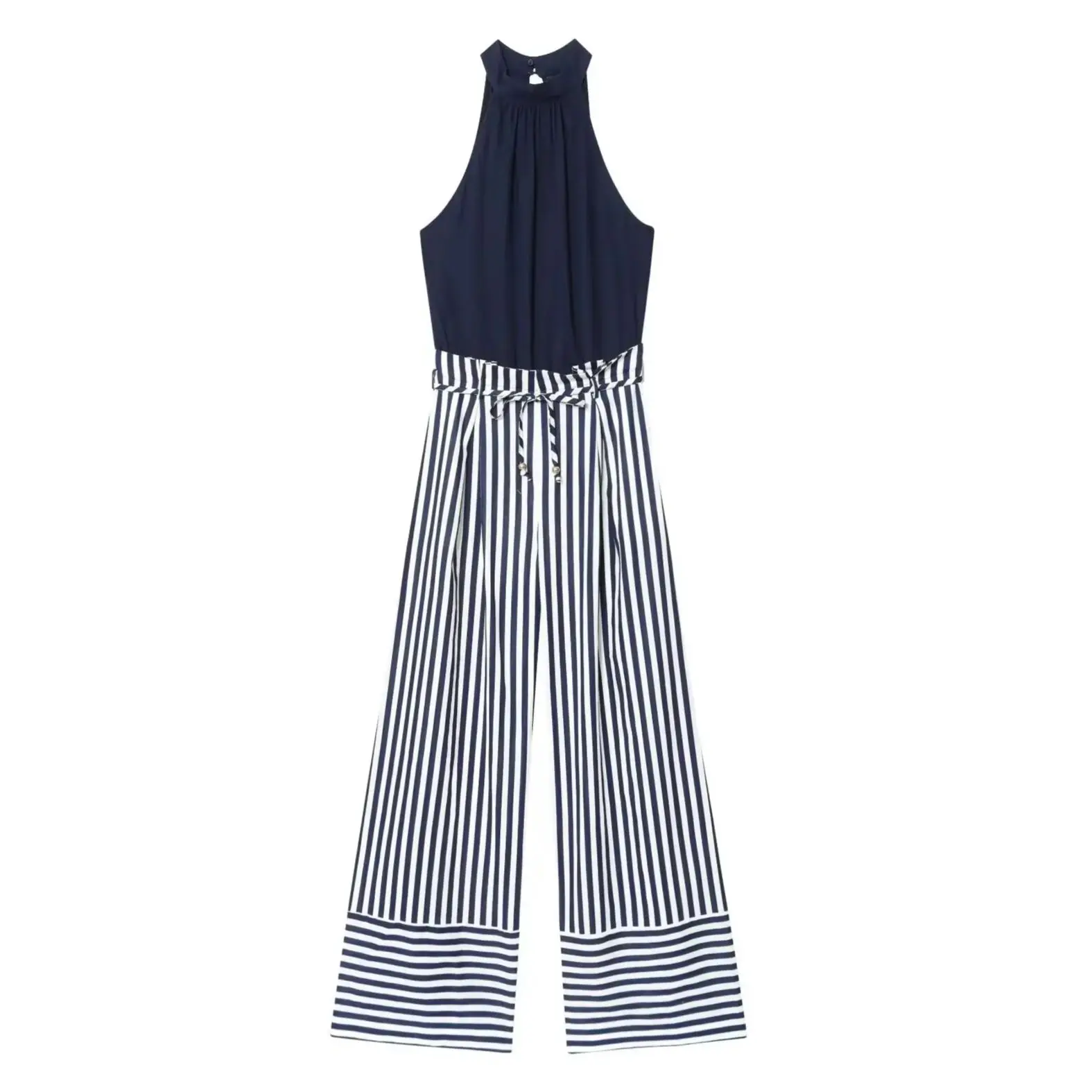 KONDALA 2025 Chic Women Long Striped Jumpsuits High Waist Zipper Sashes Patchwork Bodysuits Wide Leg Elegant Teacher Playsuits