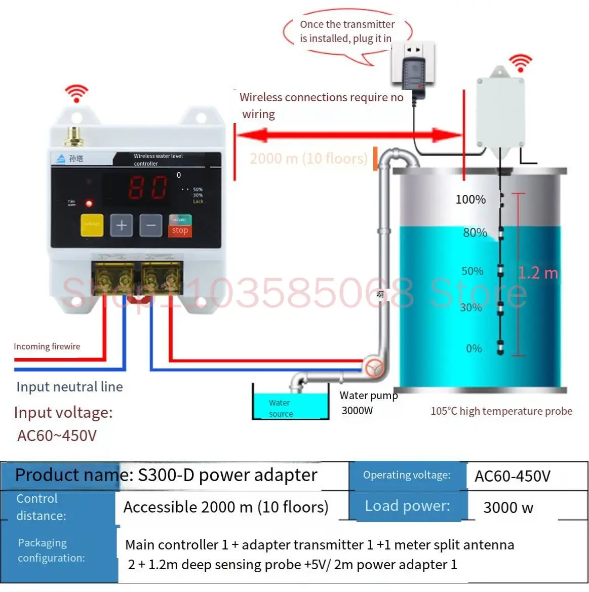 Automatic Wireless Remote Water Level Controller Pump Tank Water Tower 220V Level Remote Floating Ball Sensing