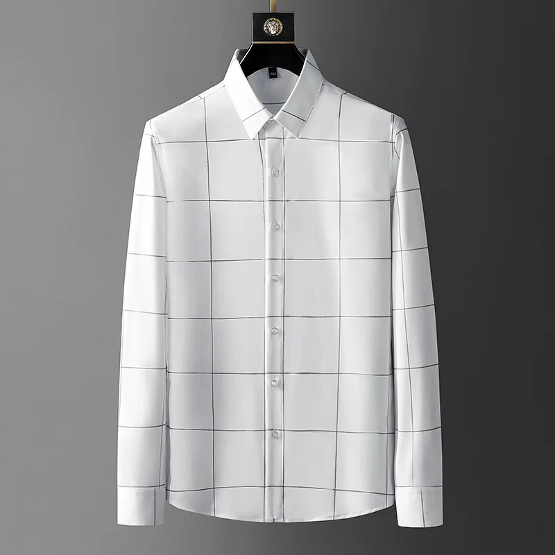 

High Quality Plaid Shirt Men Black White Business Casual Formal Dress Shirts Slim Fit Long Sleeve Social Party Tuxedo Blouse