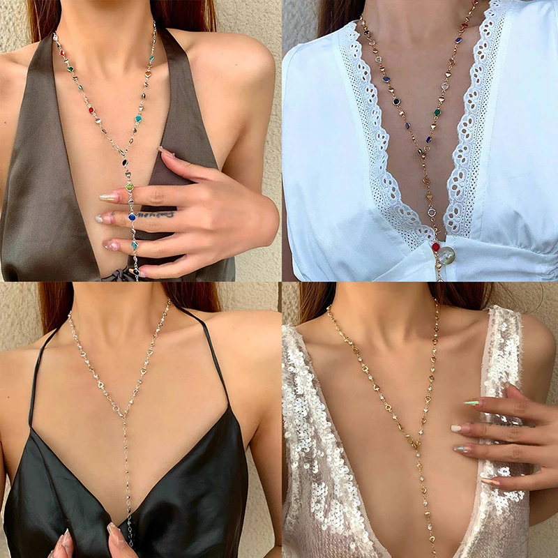 1Pc Fashion Colorful Glass Long Y-shaped Necklace Metal Collarbone Chain Gold Silver Color Tassel Necklace Party Body Jewelry image 3