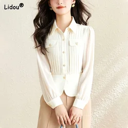 Women Shirt Thin Turn-down Collar Button Sweet Solid Pockets Spring Summer Dignified Temperament Chiffon Women's Clothing Formal