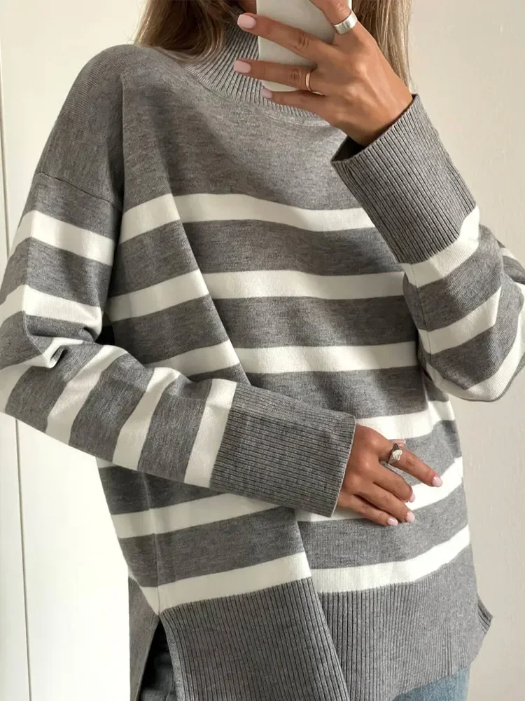 Stripe Print Turtleneck Sweater Knitting Pull Femme Jumpers Women Knitted Long Sleeve Basic Tops Fall 2024 Winter Knit Sweaters