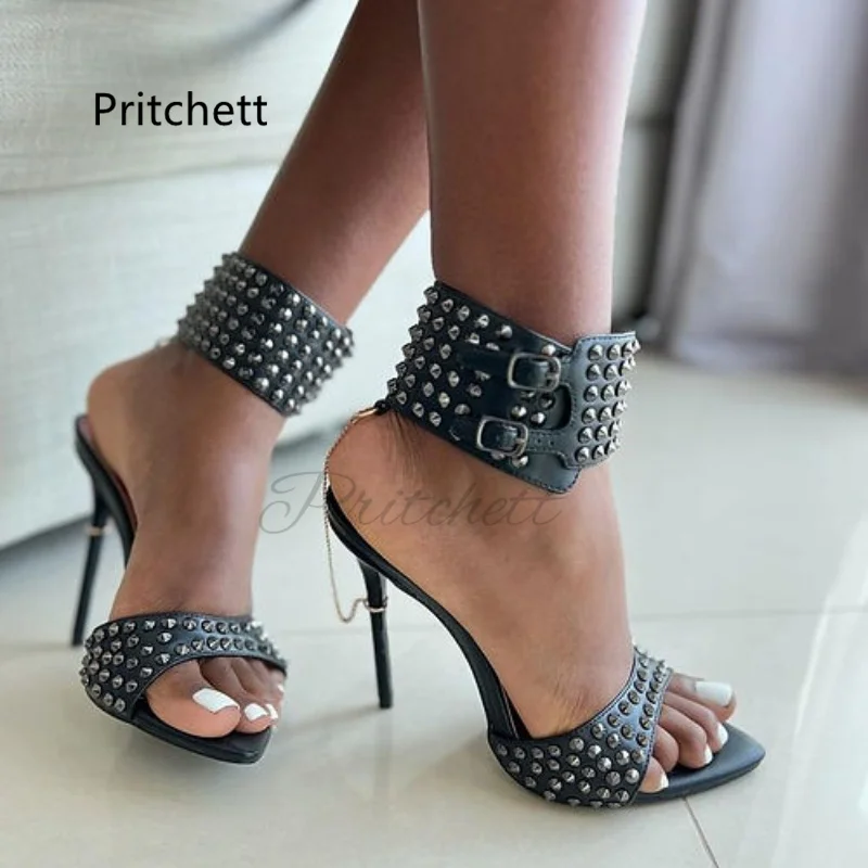 Pointed Toe Rivet Sandals Women Sexy Punk Stiletto Spikes Ankle Strap Metal Chain Black Leather Slippers Luxurious Studded Shoes