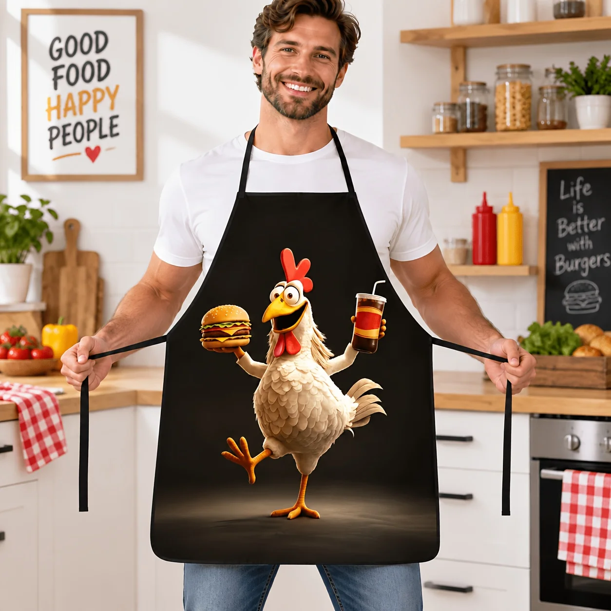 1PC Farm Rooster 2D Flat Printing Apron, Unisex Polyester Kitchen Apron for Cooking BBQ, Farm Animal Enthusiast Halloween Gift