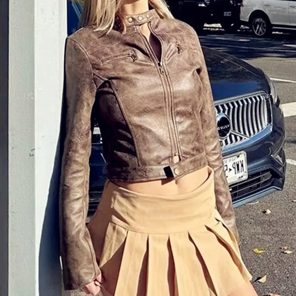 レディース レトロ ダメージ加工 スエード レザー ジャケット スリムフィット ショート 早秋 ファッション アウター