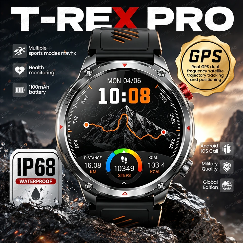 New T-REX4 Pro Outdoor Sports 1100mAh Smart Watch GPS Trajectory Compass IP68 Waterproof 1.7" AMOLED Military Smartwatch For Men