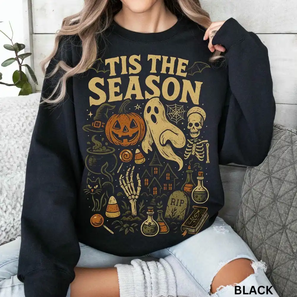 

Толстовка на Хэллоуин в стиле ретро Tis' the Season, винтажная флисовая толстовка с эстетическим тыквой и призраком на Хэллоуин Y2K, уличная одежда унисекс