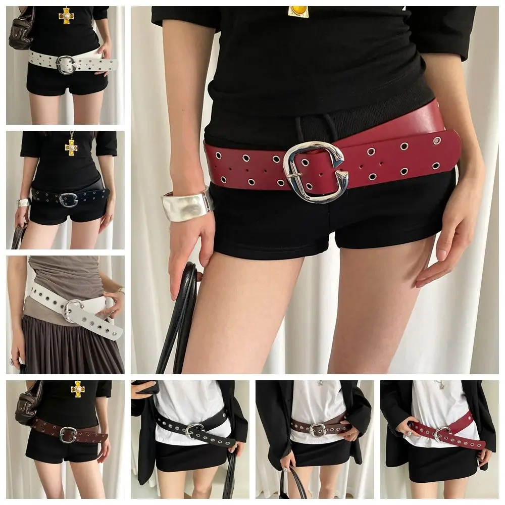 Fashion Double-Row Hole Women Wide Belt Vintage Metal Buckle Leather Waistband Jeans Girdle All Match Punk Style Belt Men