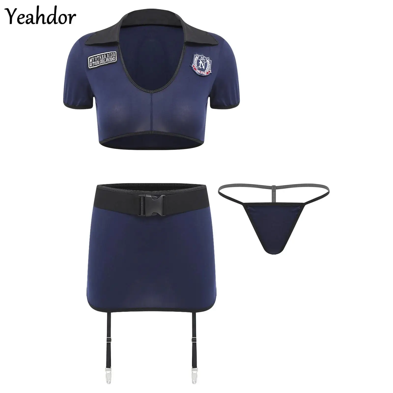 

Sexy Police Uniform Womens Policewoman Cosplay Lingerie Set Short Sleeve Crop Top +Miniskirt +Thong Halloween Cop Officer Outfit