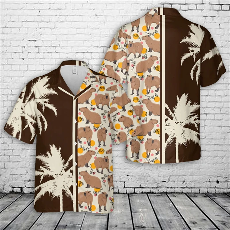 Camisas Gráficas Divertidas de Capivara para Homens, Camisa Havaiana com Estampa 3D, Manga Curta, Estilo Y2K, Blusa Fofa com Gola Lapela para Homens e