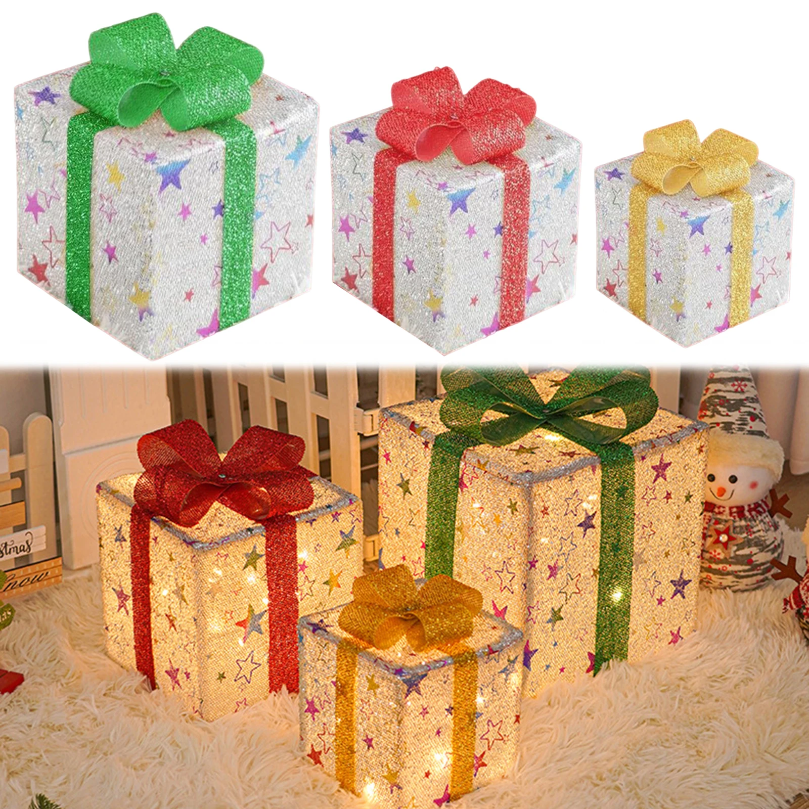 3 Buah Kotak Hadiah Natal Berlampu LED Kotak Hiasan Lampu Hangat Bertenaga Baterai Kotak Hadiah Ornamen Dekorasi Rumah Pesta Halaman