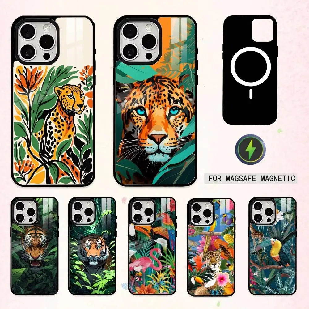 

T-Tropical Jungle Print Animals Phone Case For iPhone17,16,15,14,13,12,11 Plus,Pro Max Magnetic For Magsafe Wireless Charging