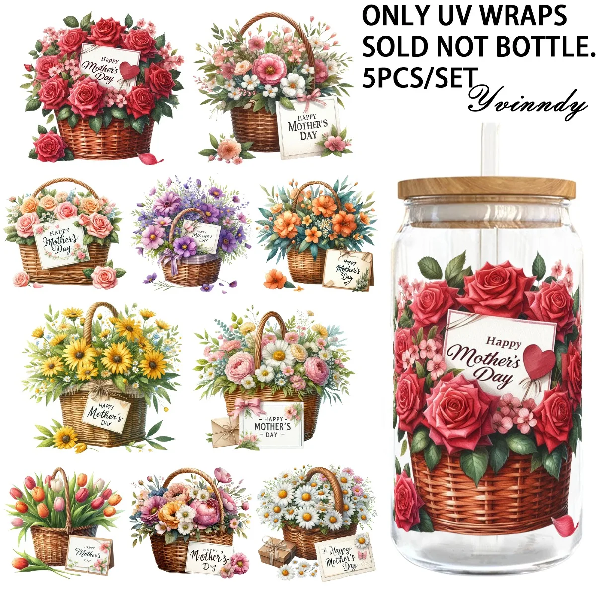 

5 шт./компл., С Днем матери, 16 унций, стеклянная банка, переводная бумага, УФ-бумага DTF, высокая самоклеящаяся переводная бумага, подходит для украшения чашек