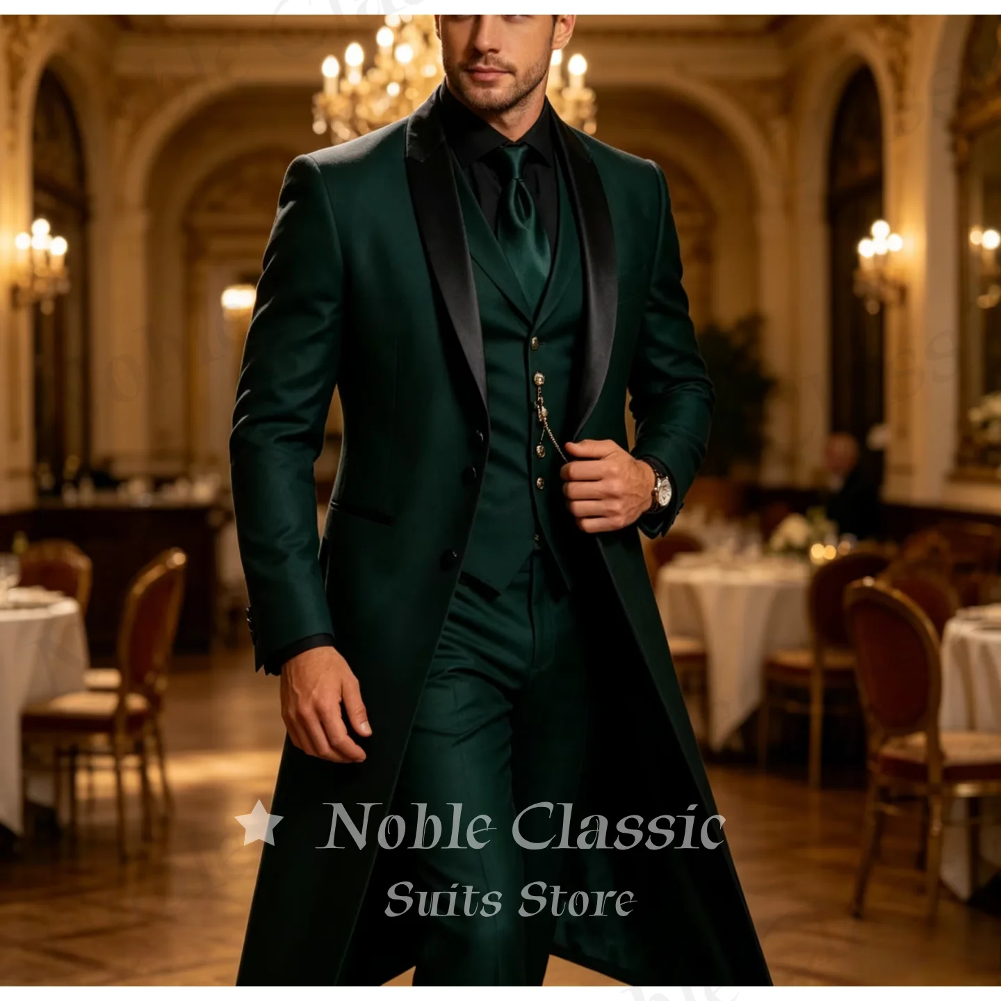 Green Lapel Long Coat 3 Piece Men Suit Matching Vest Pants Formal Wedding Evening Party Custom Tuxedo Set Outfit Customized